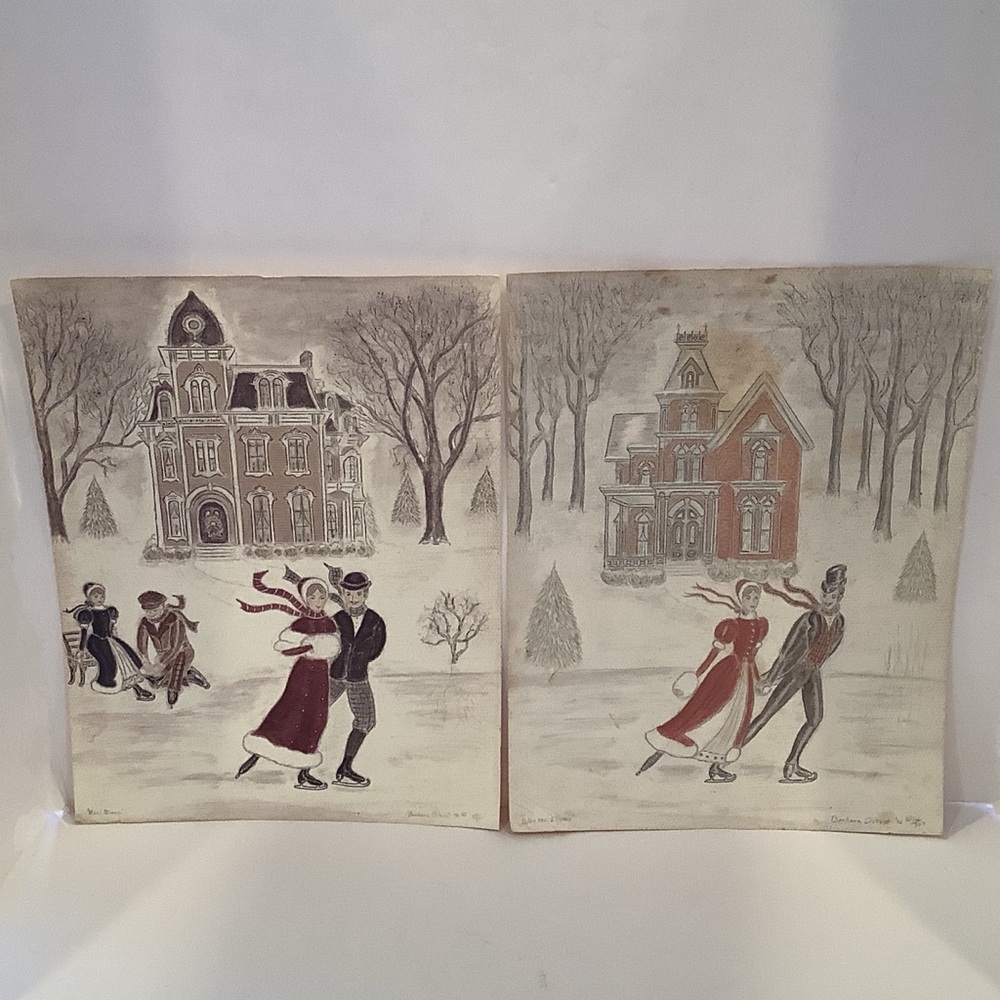 Set of 2 Limited Edition Art Prints by Barbara Oshust ‘92 Ice Skating Couple